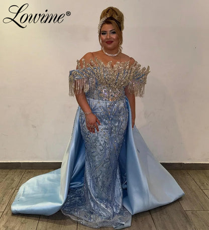 Two Pieces Blue Tassels Beading Crystals Long Overskirt Prom Dresses Arabic Women's Formal Off Shoulder Evening Gown Customized