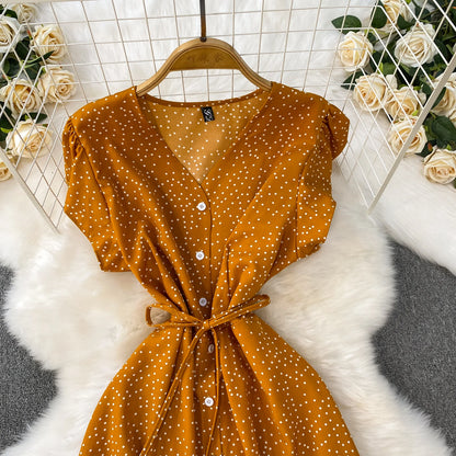 Summer Women Polka Dot Long Dress Vintage V-Neck Flying Sleeve High Waist Single Breasted A-Line Casual Vestidos Female Robe New
