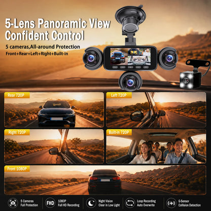 BCUOZ 5-Lens 360° Dashcam 1080P Front 720P Rear Left Right Car Cameras 360° Car Video Recorder Black Box Super Night Vision Loop Recording G-Sensor WDR 12-24V Plug Power Supply Optional 64GB Memory Card
