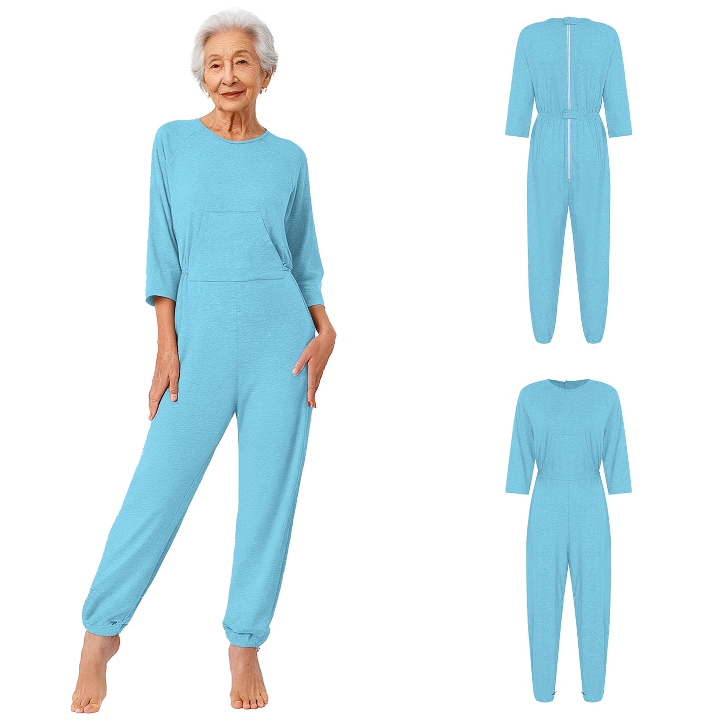 Women's Elderly Anti-Strip Adaptive Jumpsuit Back Legs Zip Long Sleeve Long Pants Nursing Rompers for Special Needs Disabilities