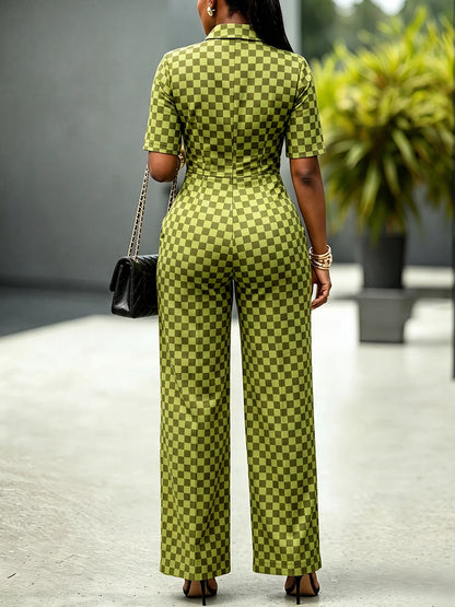 Modigirl Women Checkerboard Print Jumpsuit Lapel Collar Short Sleeve High Waist Wide Leg Rompers Casual Streetwear Jumpsuits