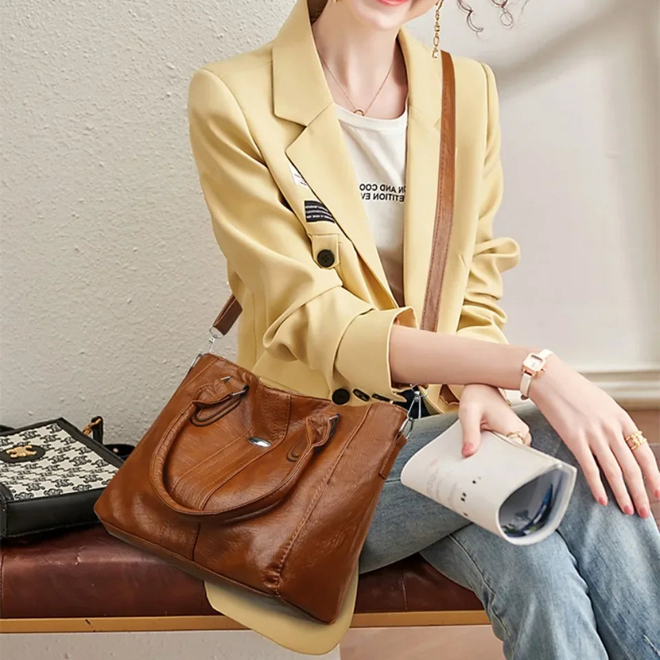New Soft Leather Handbag For Women Vintage Shoulder Tote Bag Luxury Designer Ladies Large Capacity Purse Commute Bags Sac A Main