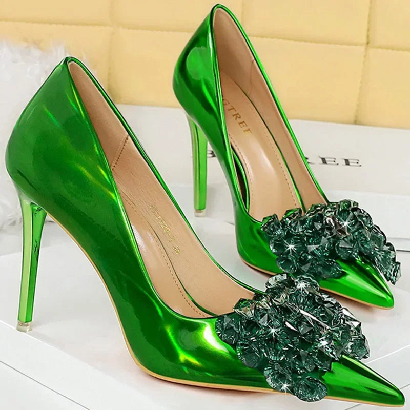 Women 10.5cm High Heels Glossy Leather Drag Queen Banquet Dress Pumps Lady Luxury Crystal Bow Stiletto Blue Green Red Prom Shoes