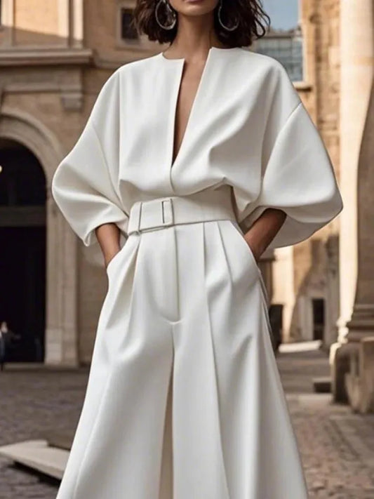 2026 Women Luxury Minimalist Jumpsuit Women's Jumpsuits And Rompers Jumpsuits V Neck Puff Sleeve High Waist Wide Leg Outfits