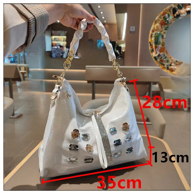 2026 New Fashion Diamonds Women Handbags Genuine Leather Tote Bag Large Capacity Work Commute Leisure Versatile Shoulder Bags