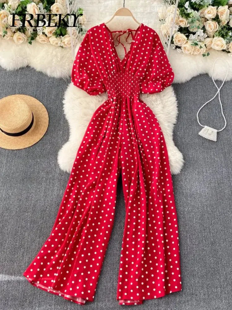 Jumpsuit Women Summer New Temperament Polka Dot V-neck High Waist Casual Wide Leg Jumpsuit Elegant Party One Piece Jumpsuits
