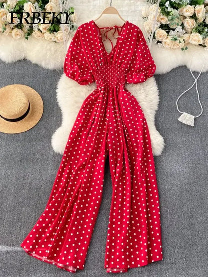 Jumpsuit Women Summer New Temperament Polka Dot V-neck High Waist Casual Wide Leg Jumpsuit Elegant Party One Piece Jumpsuits