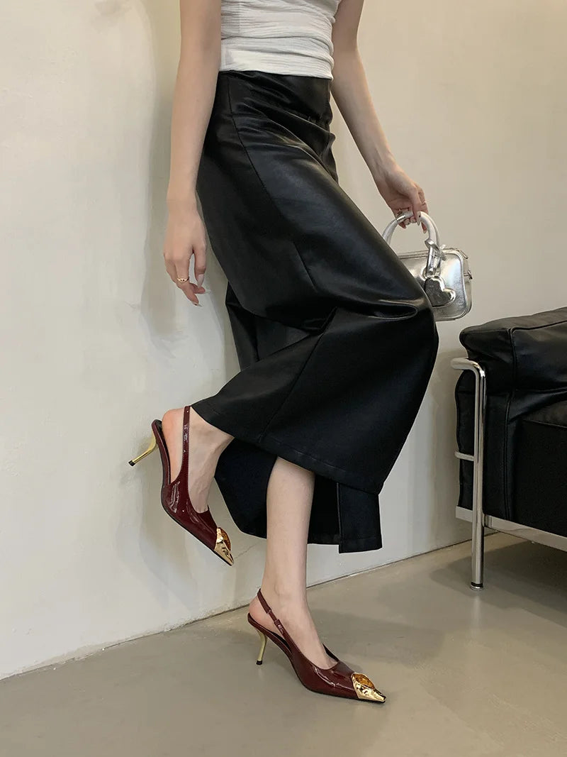 Liyke Fashion Design Inlay Gems Pointed Toe Patent Leather Sexy Slingback Sandals Women Pumps High Heels Wedding Banquet Shoes