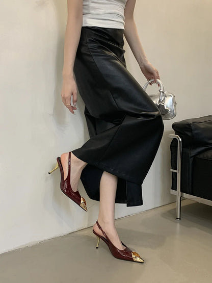 Liyke Fashion Design Inlay Gems Pointed Toe Patent Leather Sexy Slingback Sandals Women Pumps High Heels Wedding Banquet Shoes