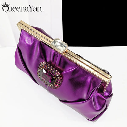 Queena Yan 2026 Nigerian Heel Party for Women Purple Color Shoes and Bag Set Rhinestone Handbag Italian Design Wedding