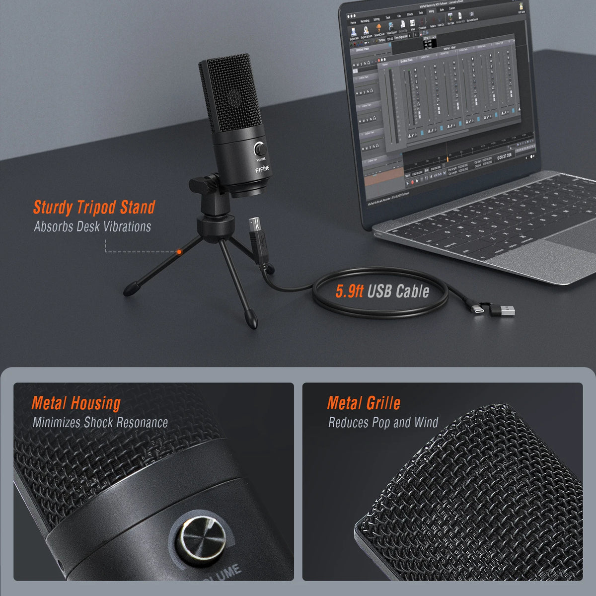 FIFINE Metal USB Condenser Microphone with Gain Knob,Newly Upgraded Detachable Dual-Joint Recording Mic for Laptop/PC-K669