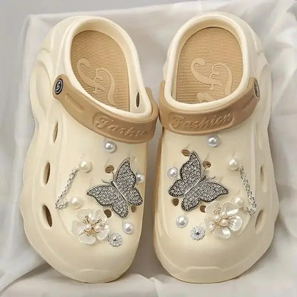 Luxury DIY Pearl Chain Non Slip Clogs Women Summer 2026 Comfort Platform Slip On Sandals EVA Thick Bottom Outdoor Slippers Shoes