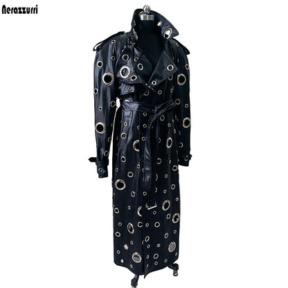 Nerazzurri Autumn Oversized Extra Long Pu Leather Trench Coat for Women Holes Hollow Out Luxury Designer Emo Streetwear Overcoat