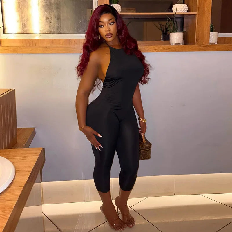 FAGADOER Sexy Solid Color Bodycon Jumpsuits Women Halter Sleeveless Backless Elasticity Romper Female Streetwear Overalls 2026