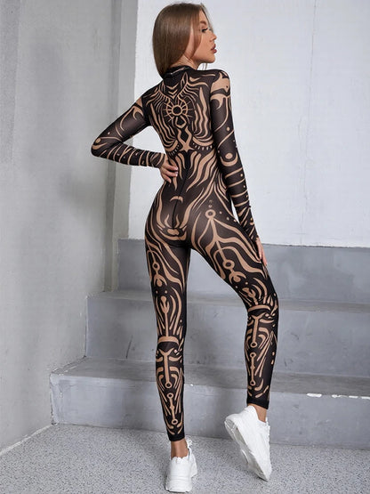 Sisterlinda Sexy Fashion Print Jumpsuits Woman Turtleneck Full Sleeve See Through Skinny Peach Hip Street Wild Style Overalls