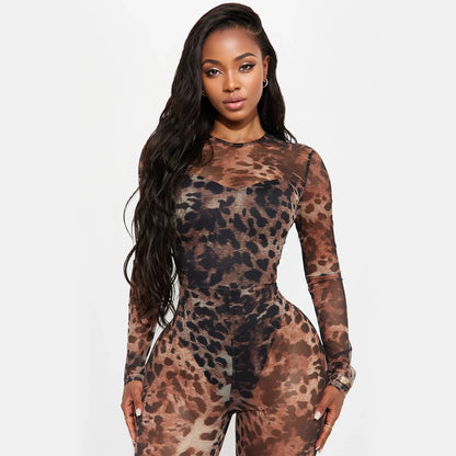 Sexy Bodycon Jumpsuits Women Clothes Leopard Mesh Print Semi Perspective Jump Suit Long Sleeve Bodysuit Nightclub Club Clothes