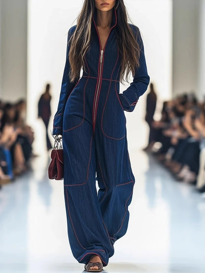 Women Retro Patchwork Elegant Playsuits Autumn Simple Chic Wide Leg Pants Jumpsuits 2025 Holiday Long Sleeve Ladies Bodysuits