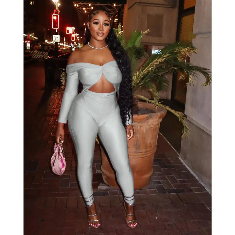 Sexy Off the Shoulder Birthday Jumpsuit for Women Night Club Outfit Party Hollow Out Ruched Skinny Long Sleeve Rompers Full Body
