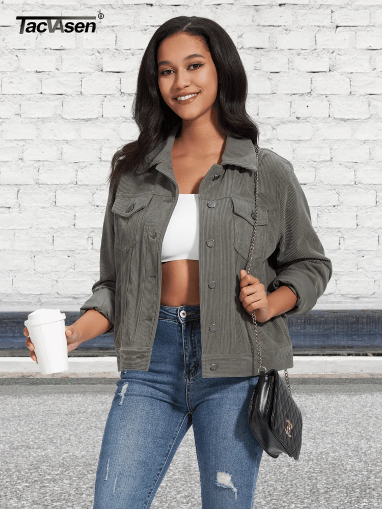 TACVASEN Fashion Corduroy Cargo Jackets Womens Button-Down Soft Warm Casual Outwear Lightweight 4 Pockets Outdoor Workwear Coats