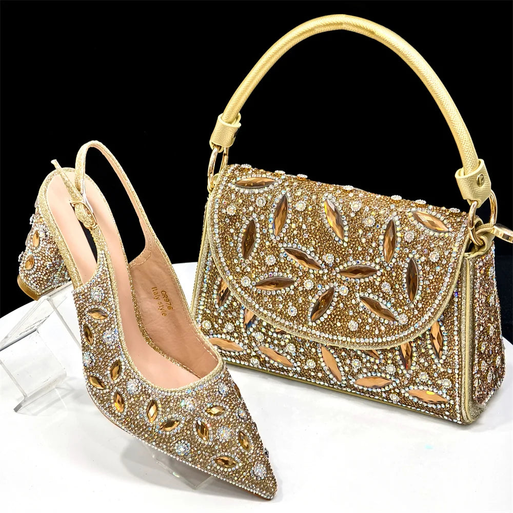 Elegant Women's Nigerian Fashion Pointed-Toe Party Shoe and Bag Set Rhinestone Luxurious Rhinestone Pumps for Special Occasions