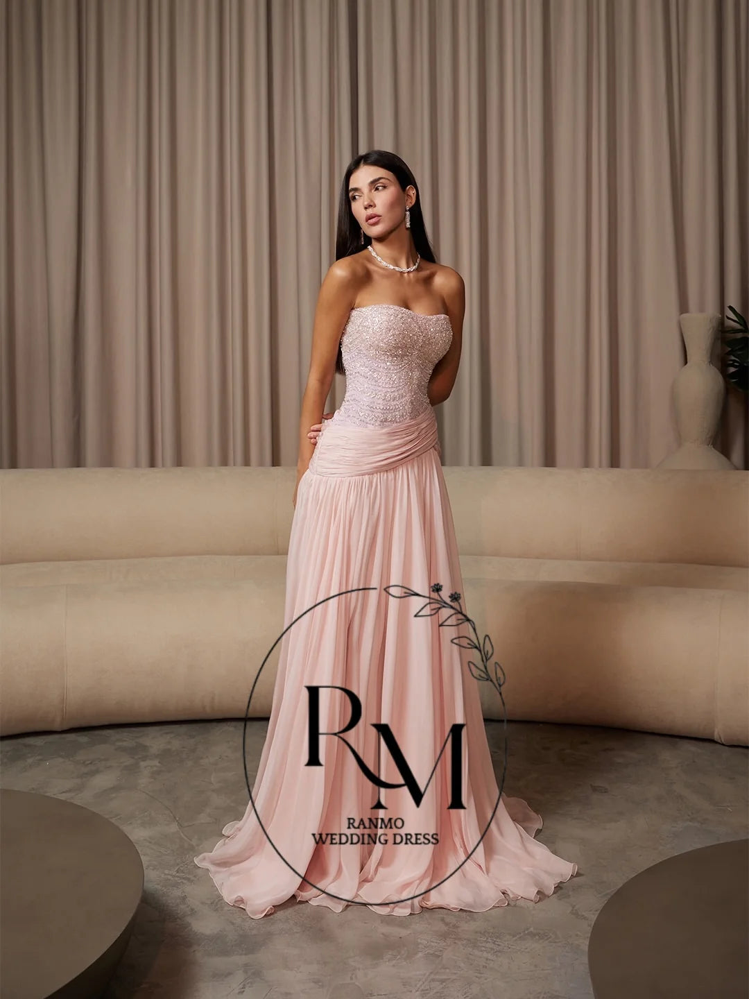 Ranmo Customized A-line Chiffon Beaded Floor-Length Bespoke Occasion Evening Elegant Party Strapless Corset Sleeveless Prom Gown