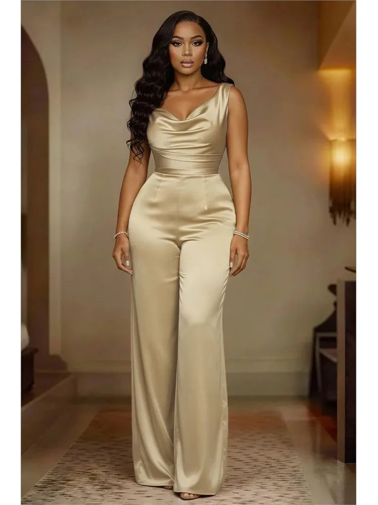New Satin Jumpsuit Sleeveless Swing Collar Waist Wide Leg Pants Women's Jumpsuit Summer Fashion Elegant Casual Solid Jumpsuits