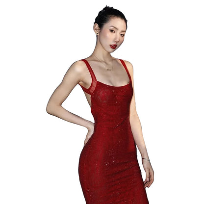 Nibber Low-Neck print Stretch Backless Sequin Dress Women Sexy Sleeveless Skinny Elegant Fashion Party chic Club Maxi Bodycon