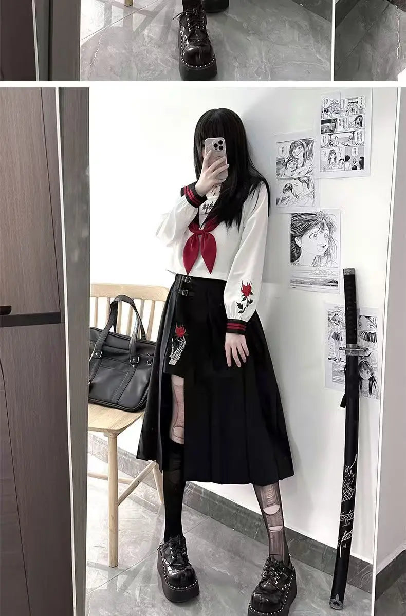 Dark Japanese Bad JK Uniform Long-sleeved Girl Orthodox Sailor Suit Role Play Handsome Long Skirt School Uniform Embroidery