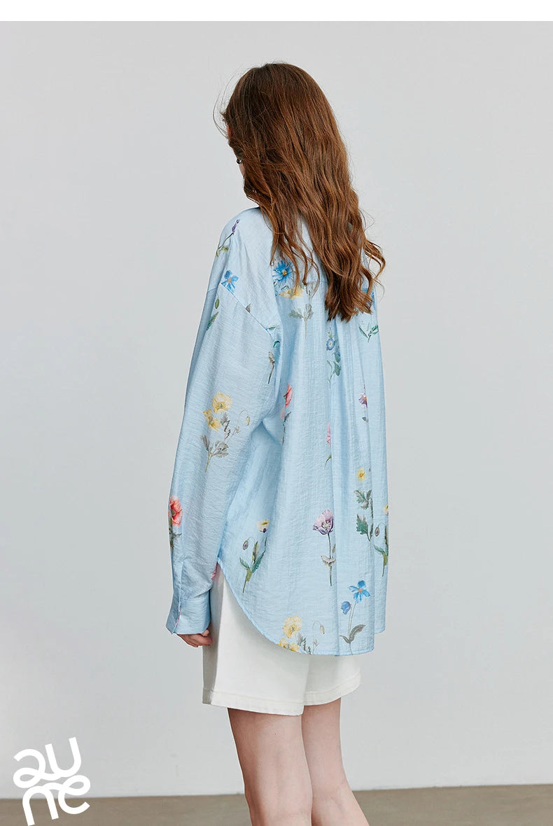 TOYOUTH Women Shirts 2026 Summer New Linen Lyocell Print Fresh Mid Length Floral Blouse Tops