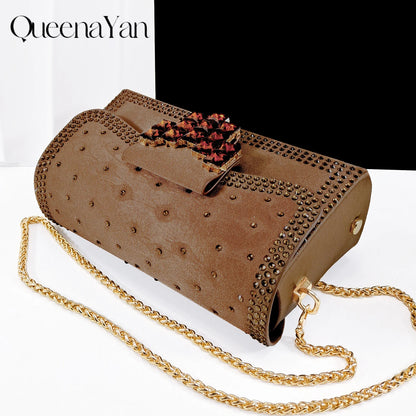 QueenaYan Elegant Navy Blue Handbag and Medium Heel Shoes Set with Beautiful Handmade Metal Decoration for Weddings and Parties