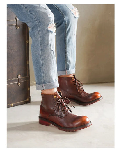 Fashion Men's Genuine Leather Motorcycle Boots British Brogue Shoes High-top Round Toe Mid-calf Chelsea Western Riding Boots