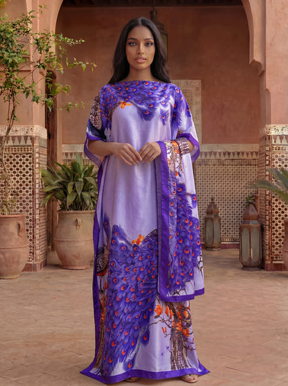 African Women's Printed Abaya With Scarf - Dubai Style Loose Boat Neck Batwing Sleeve Maxi Kaftan Dress