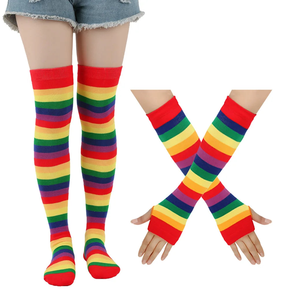 Women Fancy Rainbow Stripes Over Knee Long Socks Elbow Gloves Set Halloween Cosplay Costume Knitted Stretchhy Thigh High