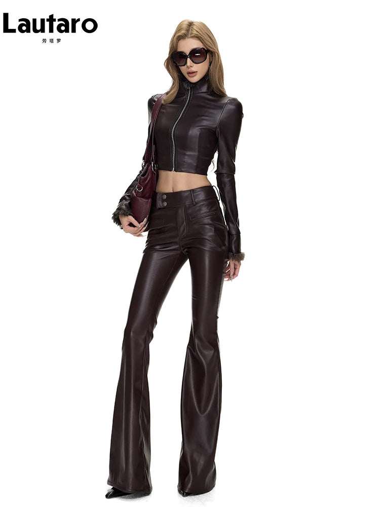 Lautaro Spring Summer Sexy Fitted Short Faux Leather Jacket Women Luxury Designer Zip Up Clothes Women Cropped Top Streetwear