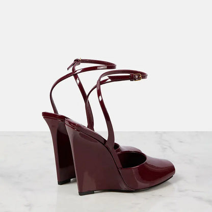 Ankle Strap Patent Leather Peep Toe Summer Women Sandals Wedges High Heel Buckle Strap Design Large Size Fashion Show Shoes