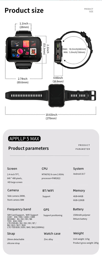 LOKMAT APPLLP 5 MAX  Android Watch Phone Square Big Screen Wifi 4G Calls Smartwatches Dual Camera with Flashlight Gaming Watch