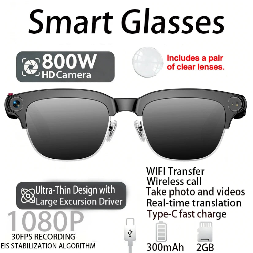New Smart Glasses Take Photos and Videos Real-Time Translation Voice Assistant Translation 2GB Memory 800W Camera Smart Glasses