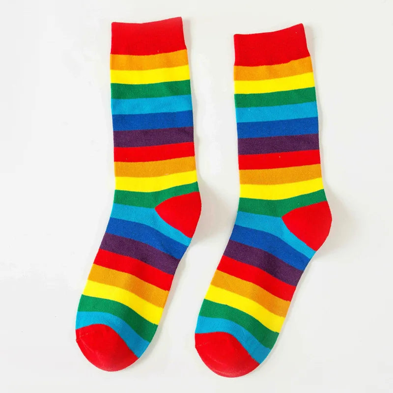 Rainbow Striped Socks Colorful Fashion Women Middle Tube Long Socks Trendy Candy Colors Breathable Cotton Casual Sport Socks New