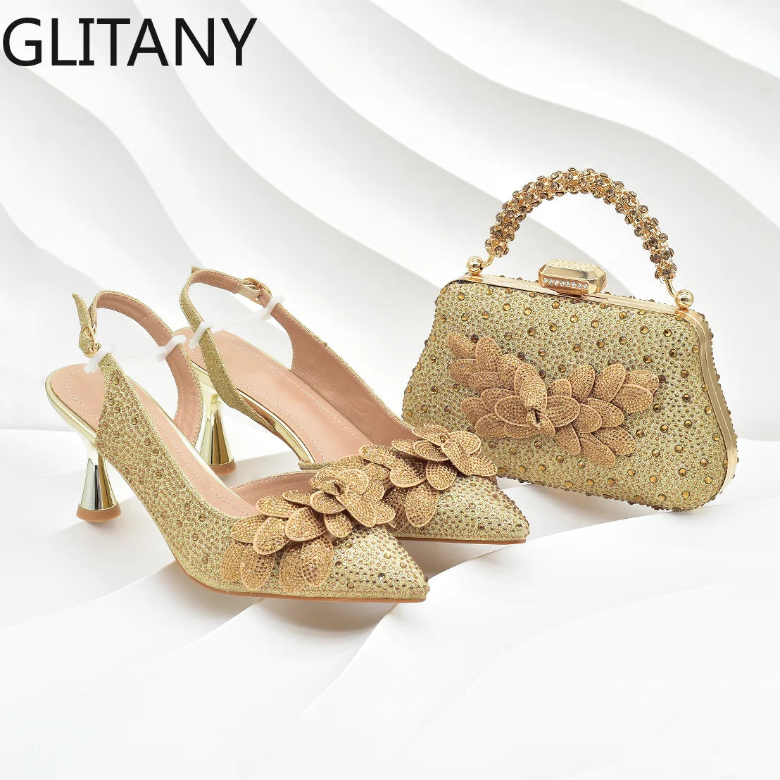 Original Italian Shoes and Bag Set for Women Full Rhinestone Chic and Elegant Woman Shoes and Bag for Party Wedding Pumps
