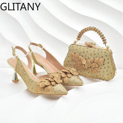 Original Italian Shoes and Bag Set for Women Full Rhinestone Chic and Elegant Woman Shoes and Bag for Party Wedding Pumps
