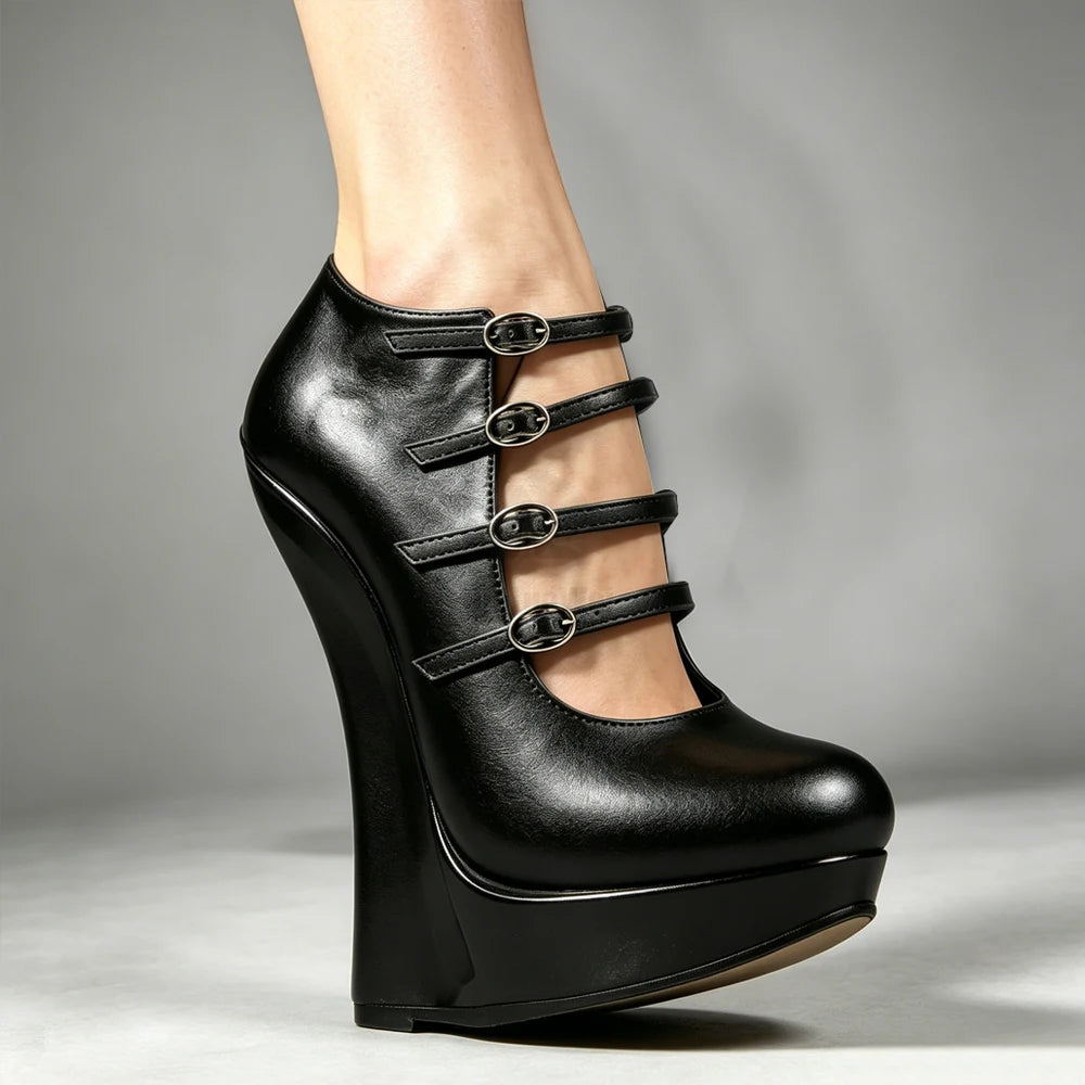 Blue PU Leather 6 Inch Wedge Sandals Women Sexy Multi Strap Buckle High Heel Platform Pumps Gothic Fetish Plus Size Shoe