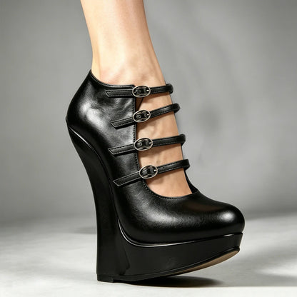Blue PU Leather 6 Inch Wedge Sandals Women Sexy Multi Strap Buckle High Heel Platform Pumps Gothic Fetish Plus Size Shoe