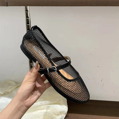 Mesh Ballet Flats Fishnet Luxury Brands Hollow Sandals Women Flats Shallow New Beach Retro Female Comfortable Shoes Breathable