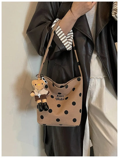 Korean Style Niche Linen Dot Shoulder Bag Women New Fashion Large Capacity Bucket Bag Casual Versatile Commuting Underarm Bag