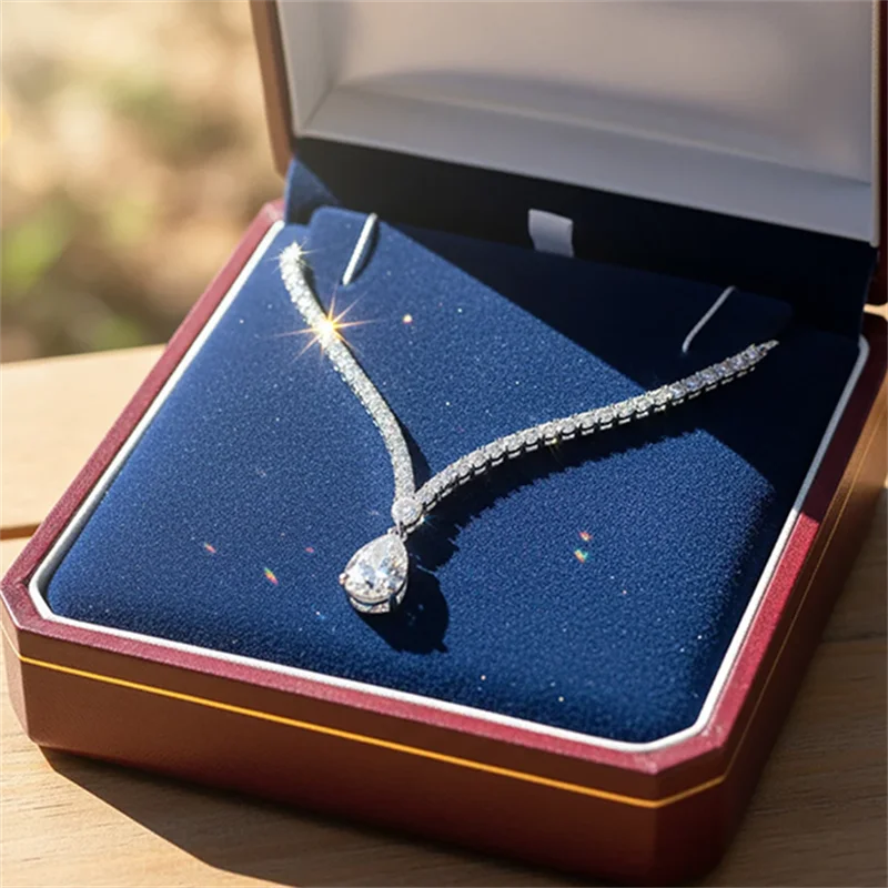 6Carat Pear Cut Full Moissanite Tennis Necklace for Women V-shape 3mm Round Cut Diamond S925 Silver WaterDrop Riviera Necklaces