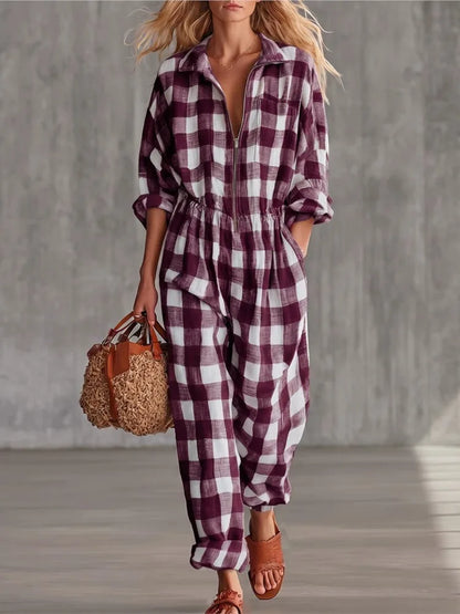 Women Plaid Jumpsuit Lapel Collar Zip Elastic Waist Loose Long Jumpsuits Ladies Casual Checkered Holiday Overalls With Pockets