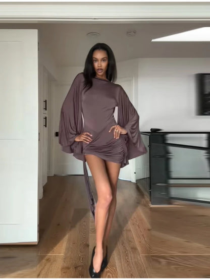 Draped Elegant Romper Batwing Sleeve Ruched Waist Tie Women Dresses Parties Date Nights Stylish Modest Female Evening Wear