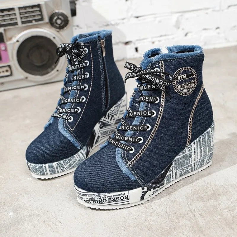 Women's Wedge Sneakers High Top Round Toe Denim-Look Lace-Up Side Zipper Letter Print Detail Casual Platform Ankle Boots 2026