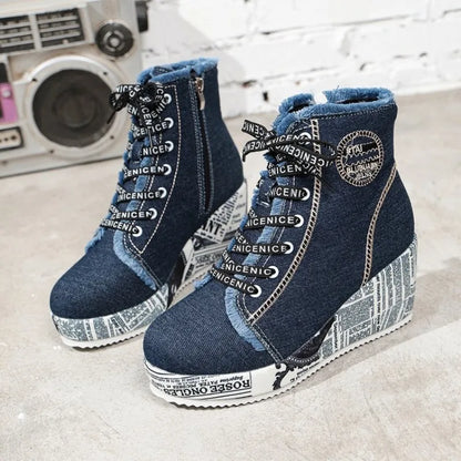 Women's Wedge Sneakers High Top Round Toe Denim-Look Lace-Up Side Zipper Letter Print Detail Casual Platform Ankle Boots 2026