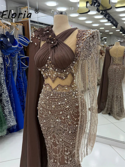 Chocolate Mermaid Evening Dresses With Cape Luxury Crystal Beaded Prom Gown 3D Floral Formal Party Wedding Guest Pageant Dress